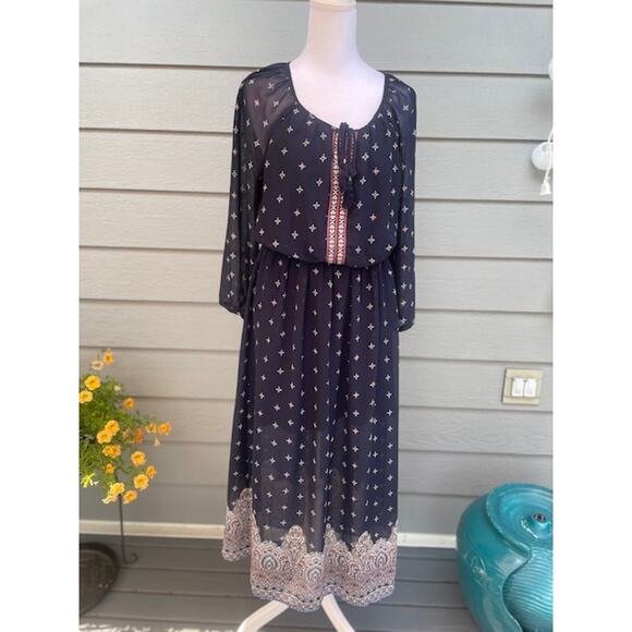 DR2 Size Petite‎ Small Midi Dress Navy Blue Print Long-Sleeve - Picture 1 of 6